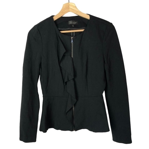 Topshop Black Ruffle Front Peplum Front Zip Jacket 6 - Picture 3 of 5